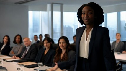 A confident Black woman stands and delivers a presentation in a corporate meeting room while colleagues engage with her