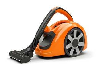 Realistic orange vacuum cleaner with a bagless system on white background