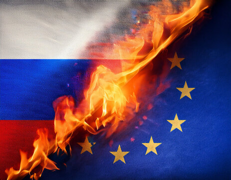 Russia vs european union flags with flames between. Conflict, war