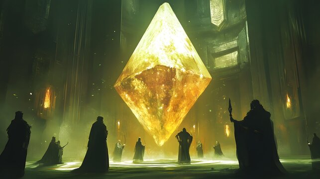 A council of ancient mages gathered around a large glow crystal