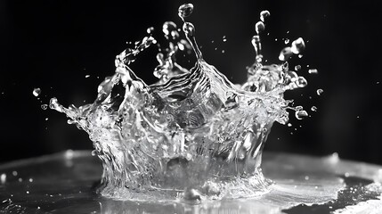 Water droplet crown splash, high-speed photography, black background.