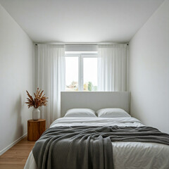 Fototapeta premium A serene and minimalist bedroom setting. A bed with Crisp colour blanket takes center stage against a neutral-colored wall.