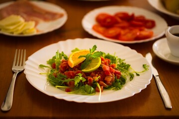 White plate with tuna tartare, garnished with arugula, orange, and lime; background features a breakfast scene.