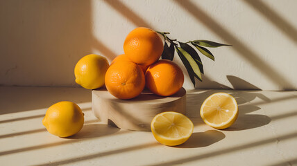 A still life of oranges and lemons with natural sunlight.