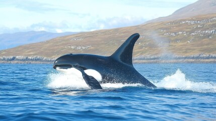 Fototapeta premium Majestic Orca Breaches the Azure Waters in Celebration of World Whale Day
