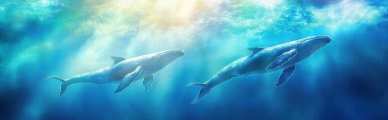 Fototapeta premium Whales Glide Gracefully Beneath the Shimmering Ocean Surface in a Celebration of World Whale Day