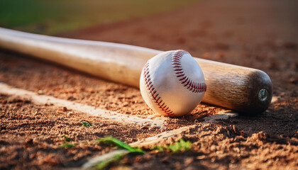 Leather baseball and wooden bat lying on the ground on a baseball field. Professional active sport.