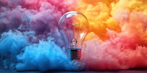 A glowing light bulb surrounded by vibrant multicolored fog. A creative representation of ideas and innovation. Banner with space for text