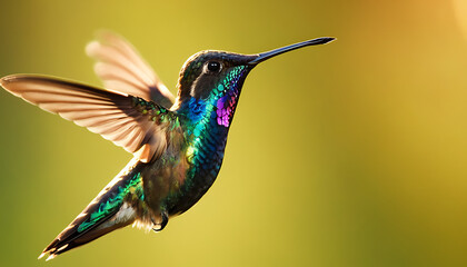 Fototapeta premium Hummingbird hovering in motion with outstretched wings and bright plumage.