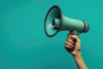 A bold megaphone held in a hand against a blue backdrop. A powerful representation of announcements and promotions. Banner with space for text