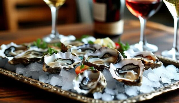 set of oysters on ice on a beautiful tray, glasses of wine nearby