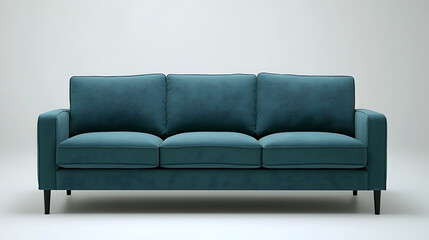 A blue couch with three cushions and a white background
