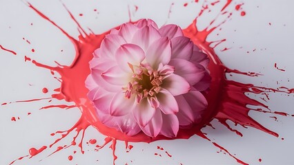 Close up view of pink flower and paint splash isolated on white