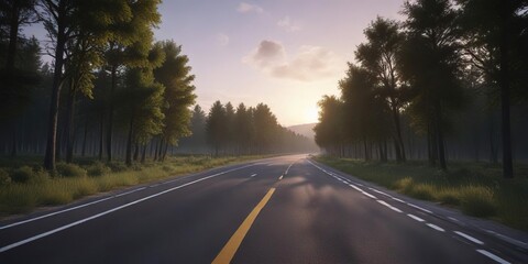 Fototapeta premium Empty road circuit surrounded by dense trees at dusk, sunset, green, woods