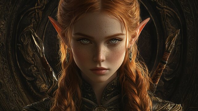 Close-up portrait of a fierce,  red-haired elf woman with pointed ears,  light-blue eyes, and freckles,  wearing a decorative,  dark-colored armor and earrings,  holding swords.