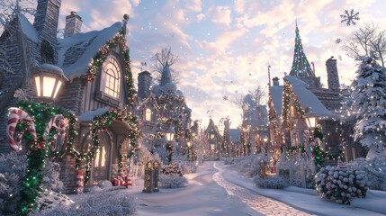 Naklejka premium Enchanting Christmas Village with Candy Cane Lampposts and Mythical Beings Amid Shimmering Snowflakes - Ultra-Detailed Festive Scene
