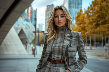 Fototapeta premium Stylish businesswoman in a plaid suit standing in a modern city during the fall season