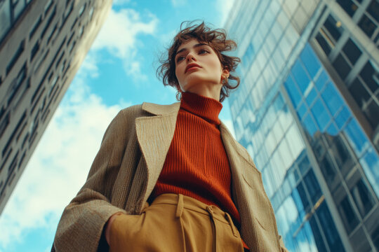 Stylish businesswoman walking in the city looking up at skyscrapers with confidence and determination