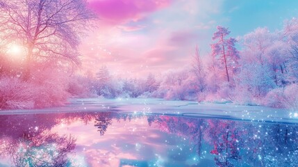 Enchanted Frozen Lake: A Magical Winter Wonderland with Vibrant Colors and Fairy Lights