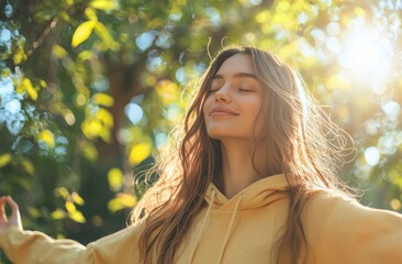 Fototapeta premium Serene woman in yellow hoodie enjoying the sunlight in a lush green forest with eyes closed, embodying peace and relaxation