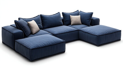 Obraz premium A blue sectional sofa with pillows and a pillow on the footstool