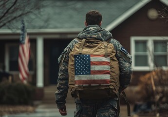 Fototapeta premium American soldier with flag patch backpack standing outside a suburban home, showcasing strength and patriotism in military life