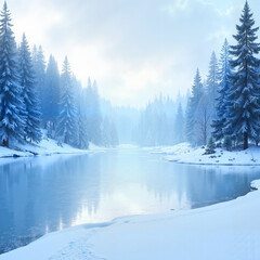 Obraz premium Serene winter forest by frozen lake, peaceful landscape