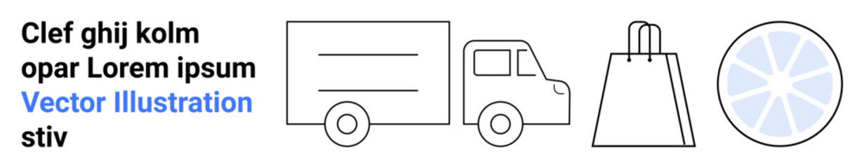 Obraz premium Delivery truck, shopping bag, and citrus slice icons aligned horizontally. Ideal for e-commerce, delivery services, shopping, transportation, retail fresh produce and logistics. Landing page