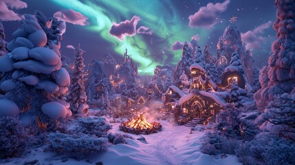 Enchanting Christmas Celebration in a Magical Snowy Landscape with Swirling Aurora and Festive Bonfire, Featuring Fantastical Creatures - Ultra-Detailed Image