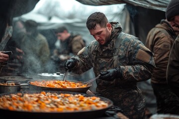 Soldier wearing camouflage uniform and gloves serving hot food from large pan in field kitchen, providing nourishment for troops
