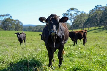 Australian beef cattle farm with cows and calves grazing.