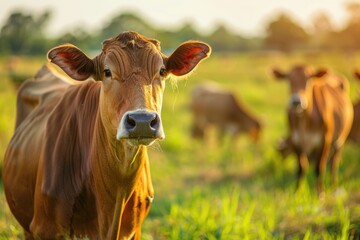 Beefmaster cattle standing in a green field