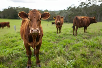 Fototapeta premium Beefmaster cattle standing in a green field