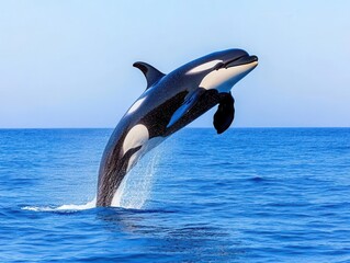 Fototapeta premium Aquarell Style Motive of an orca whale jumping out of the ocean, light background