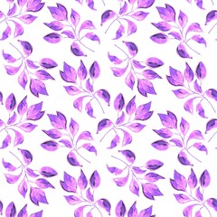 Seamless watercolor pattern with purple leaves on a white background. Elegant plant design for textiles, packaging, wallpaper and decorative elements.
