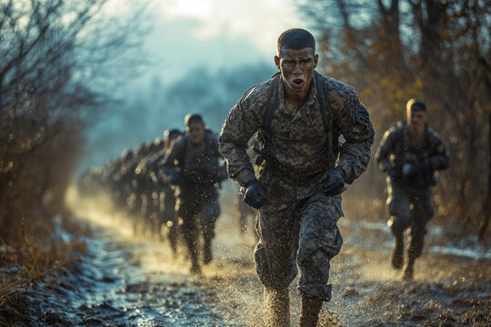 Group of soldiers running through muddy terrain during intense military training exercise