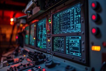 Multiple screens displaying technical data and parameters on a complex control panel in a monitoring environment