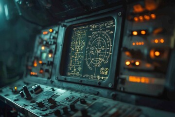Control panel with illuminated screen displaying flight data inside aircraft cockpit
