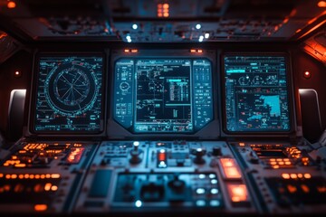 Futuristic spaceship cockpit control panel monitoring system displaying complex data on glowing screens, showcasing advanced technology