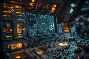 Control panel in an airplane cockpit showing flight data on screen, featuring buttons, switches, and indicators