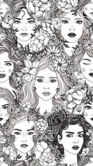Seamless pattern line drawing of women with different faces and floral flowers.