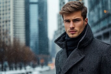 Portrait of a businessman wearing a winter coat and turtleneck sweater, standing on a city street during a snowfall