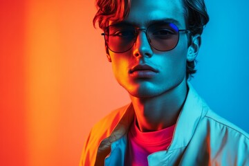 Stylish man wearing sunglasses posing under red and blue studio lights, creating a vibrant and fashionable atmosphere
