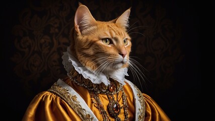 Cat portrait, orange tabby, renaissance costume, ruff collar, golden robe, studio portrait
