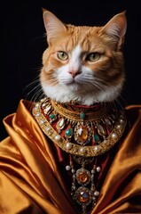 Cat portrait, orange tabby, renaissance costume, ruff collar, golden robe, studio portrait

