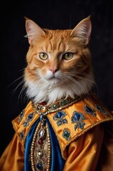 Cat portrait, orange tabby, renaissance costume, ruff collar, golden robe, studio portrait
