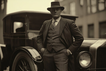 Retro style businessman posing near vintage car outdoors