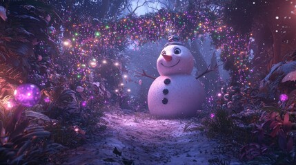 Obraz premium Enchanted Christmas Forest Clearing with Gigantic Snowman and Mythical Creatures Surrounded by Colorful Lights | Ultra-Detailed Fantasy Celebration Scene