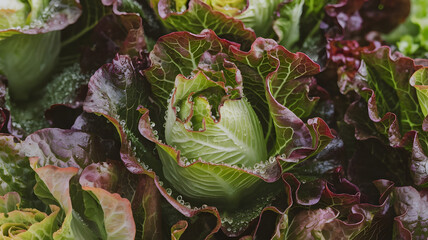 A close-up of dew-covered lettuce leaves.