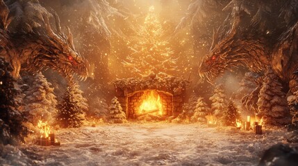 Fototapeta premium Enchanting Winter Wonderland: Fantasy Creatures Exchanging Gifts by Fireplace with Glowing Christmas Tree in Background